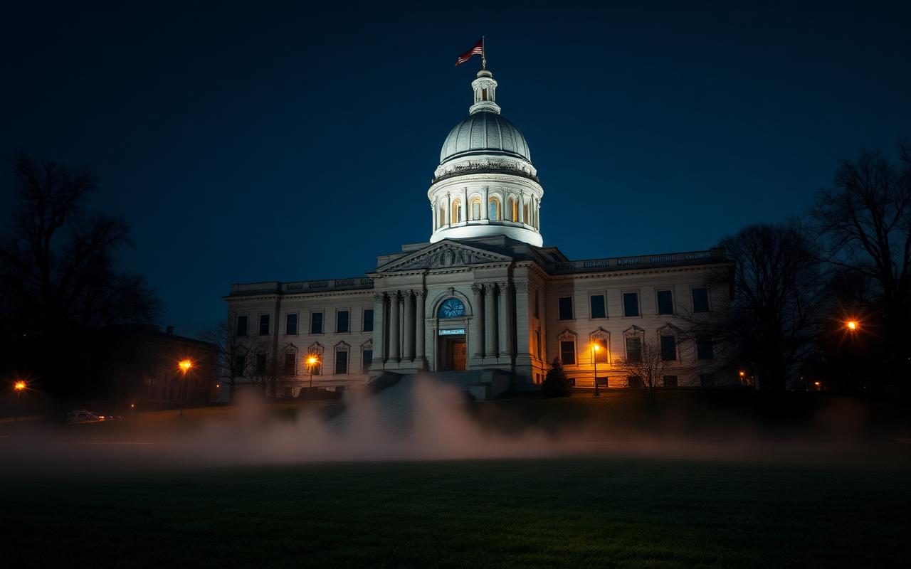 New York State Capitol building in Albany at dawn with mist on the lawn.