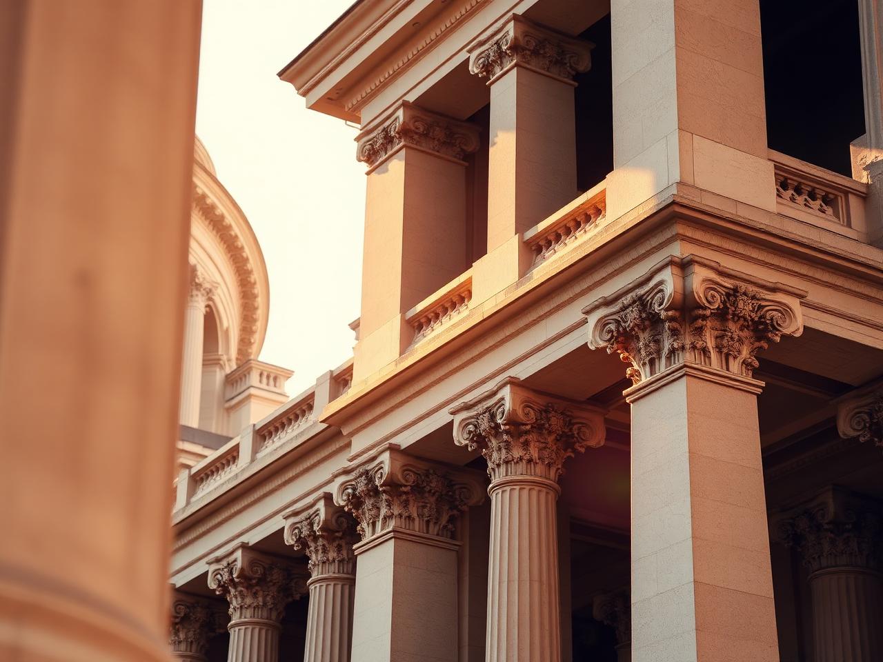 Carved stone columns of the New York State Capitol in Albany lit by late afternoon golden hour light.