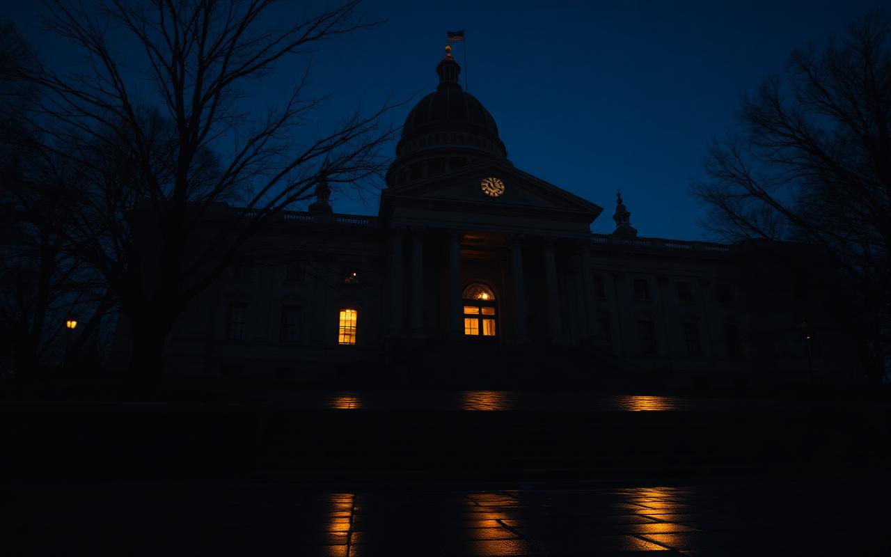 New York State Capitol in Albany at deep dusk with a single warm window glowing on the dark stone facade and bare tree branches silhouetted in the foreground.