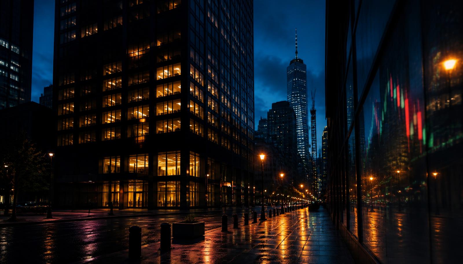 Lower Manhattan financial district street at deep dusk with glowing amber office windows and a faint candlestick chart reflected in a dark glass facade.