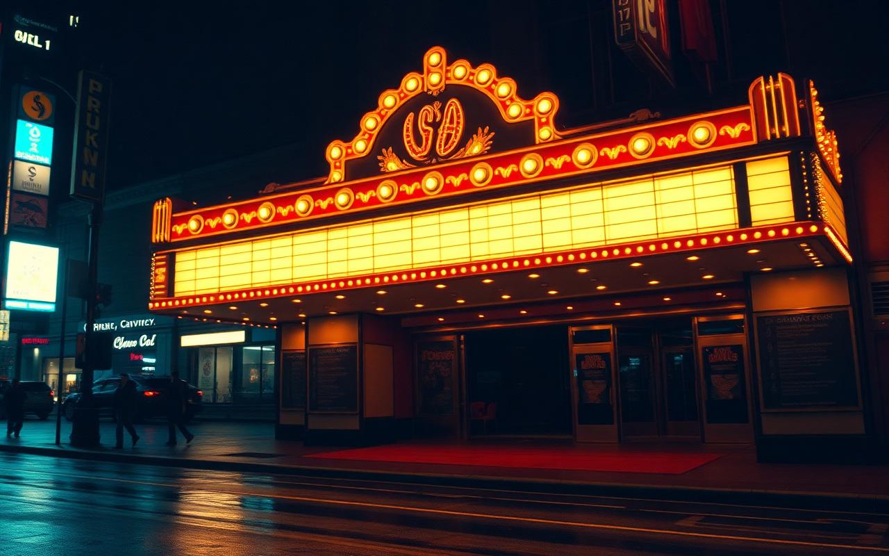 Vintage Broadway theater marquee glowing with warm bulb lights at night.