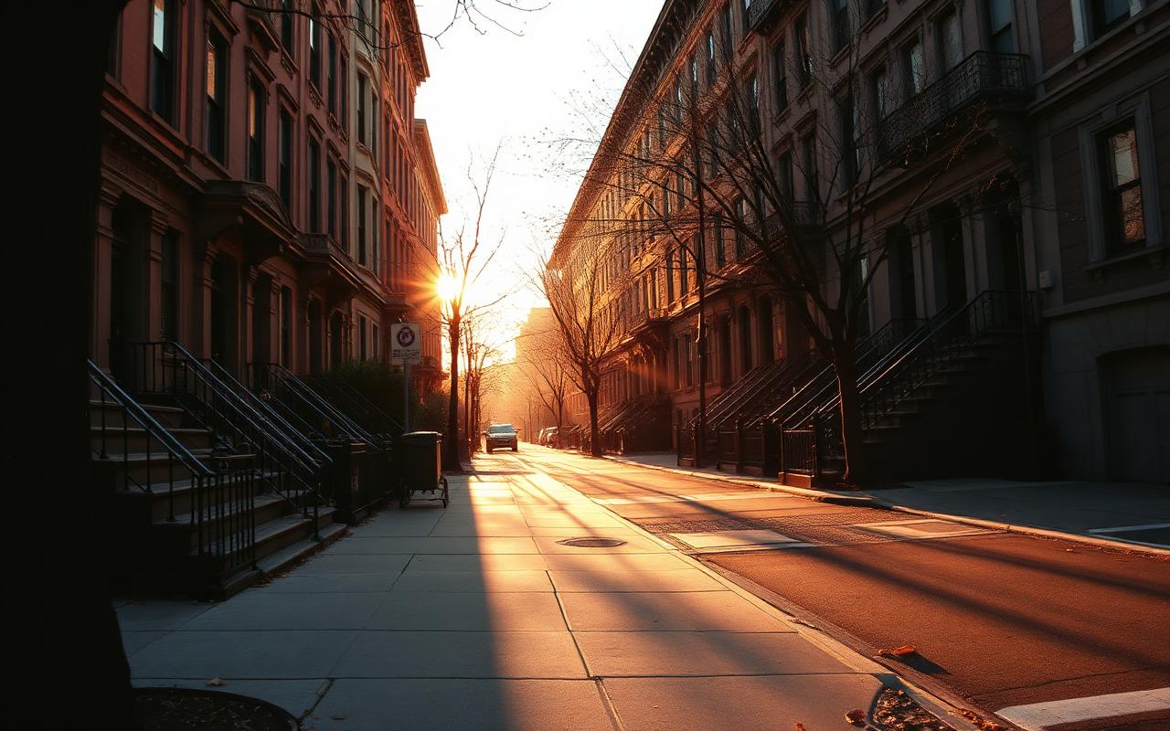 Brooklyn brownstone street at golden hour with autumn light raking across stoops.