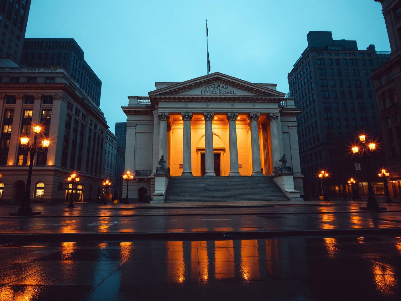 Lower Manhattan federal courthouse at dusk with warm uplight on neoclassical columns and wet pavement reflecting amber streetlights.