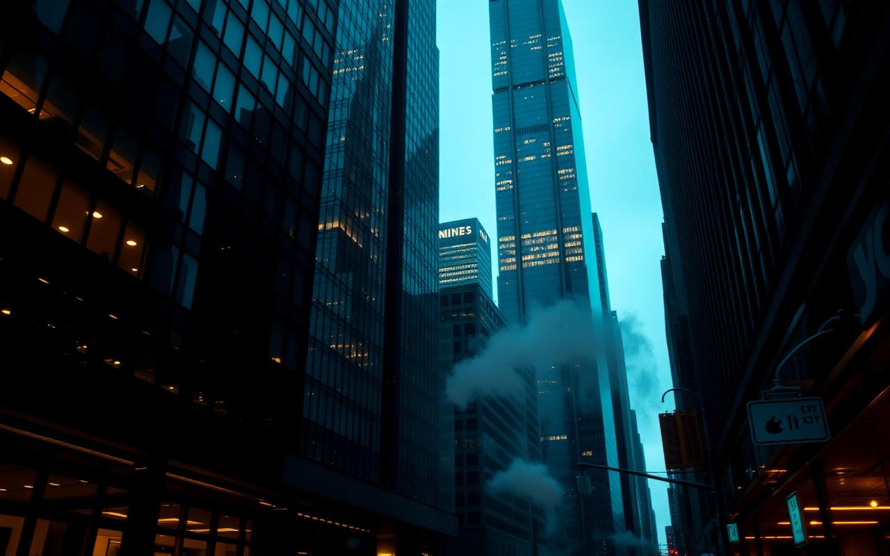 Lower Manhattan Financial District glass skyscrapers at blue hour with steam rising from a street vent.