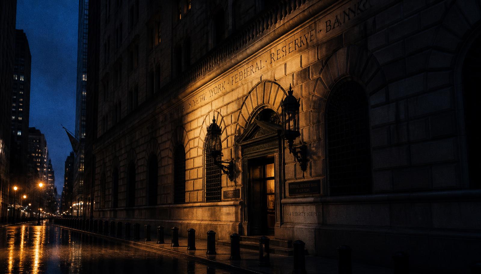The Federal Reserve Bank of New York facade on Liberty Street at deep dusk, a single warm spotlight on the stone arches and iron lanterns, wet pavement reflecting amber streetlights.