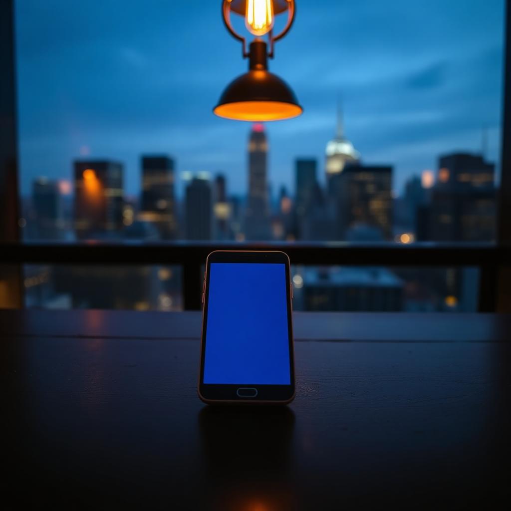 Single smartphone face-up on a dark wooden bar counter under a warm pendant light with the Manhattan skyline blurred in deep blue background.