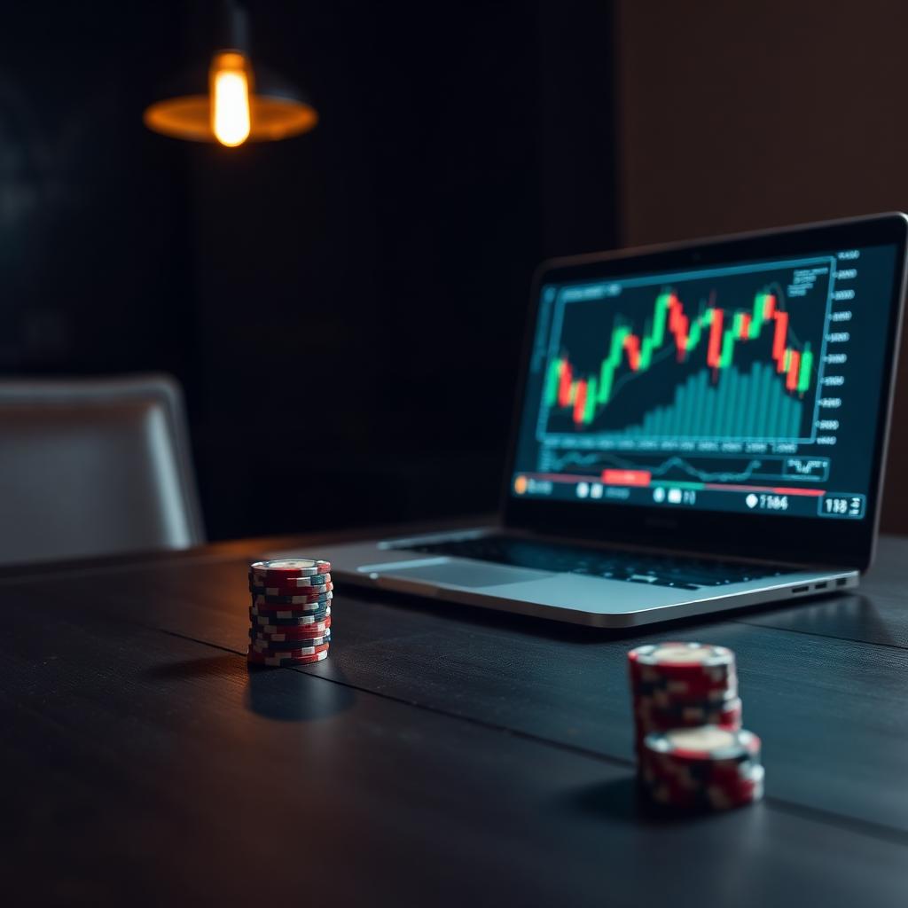 Dark wood poker table with a single stack of chips beside a glowing laptop displaying a candlestick chart, lit by a single warm pendant light overhead.