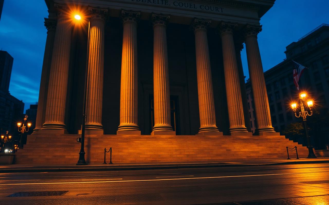 Lower Manhattan federal courthouse facade at deep dusk with warm uplight on tall neoclassical columns and wet pavement reflecting amber streetlights.