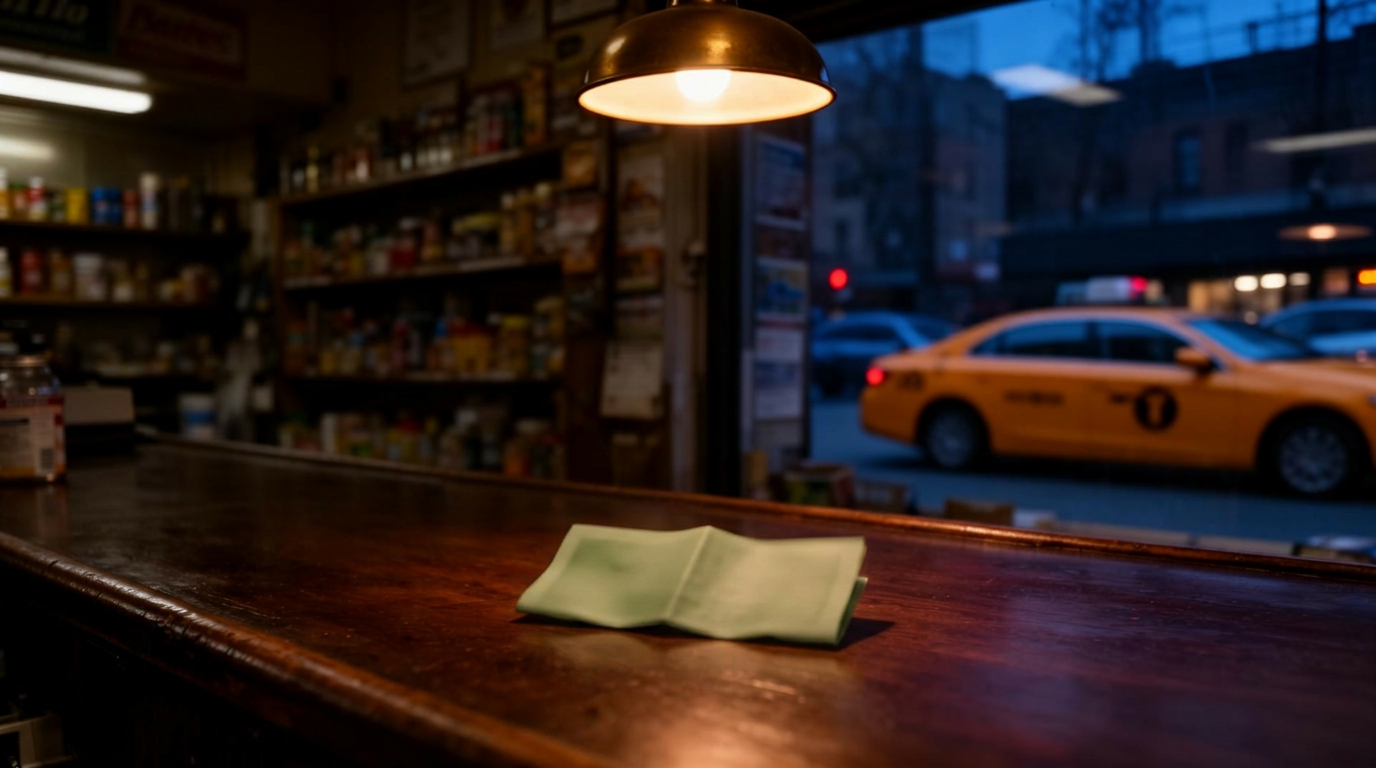 Vintage New York bodega counter at deep dusk with a folded ten-dollar bill resting under a single warm pendant light.