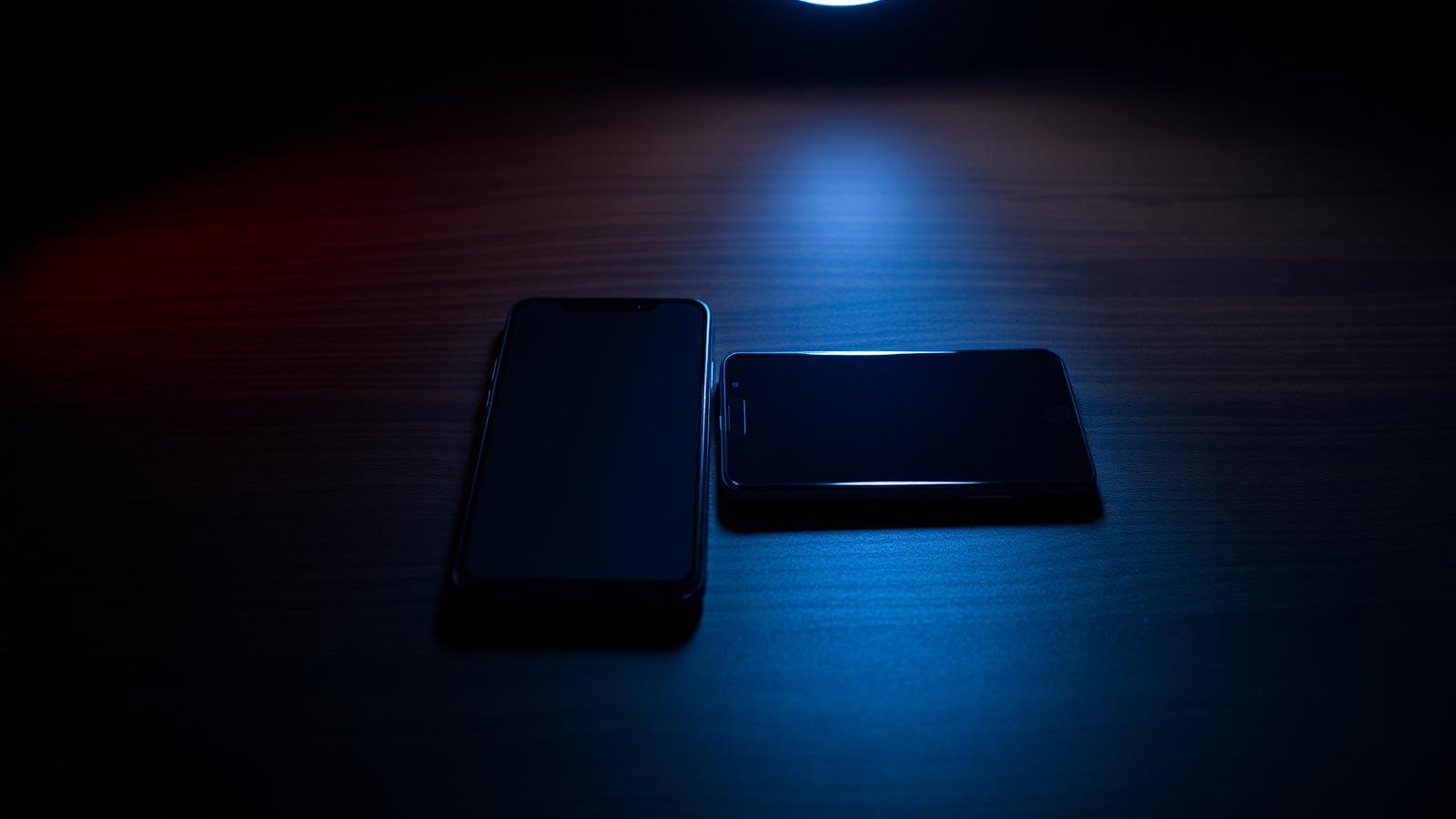 Multiple smartphones arranged in a fan on a dark polished walnut surface under a single overhead spotlight, screens glowing warm against the deep background.