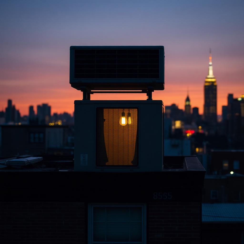 Rooftop air conditioning unit on a Brooklyn brownstone at deep dusk with a warm pendant light glowing in a window and the Manhattan skyline behind.