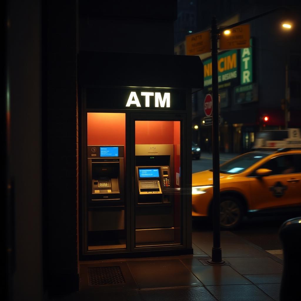 ATM vestibule at night on a quiet Manhattan side street with warm interior light spilling onto wet sidewalk and a yellow taxi passing in motion blur.