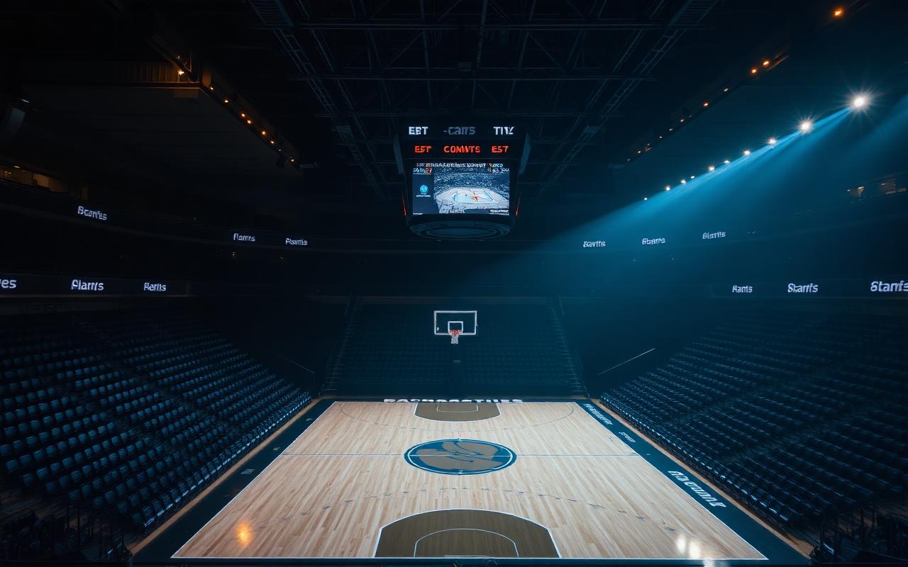 Empty professional basketball arena interior at night with dramatic spotlight on the hardwood court.