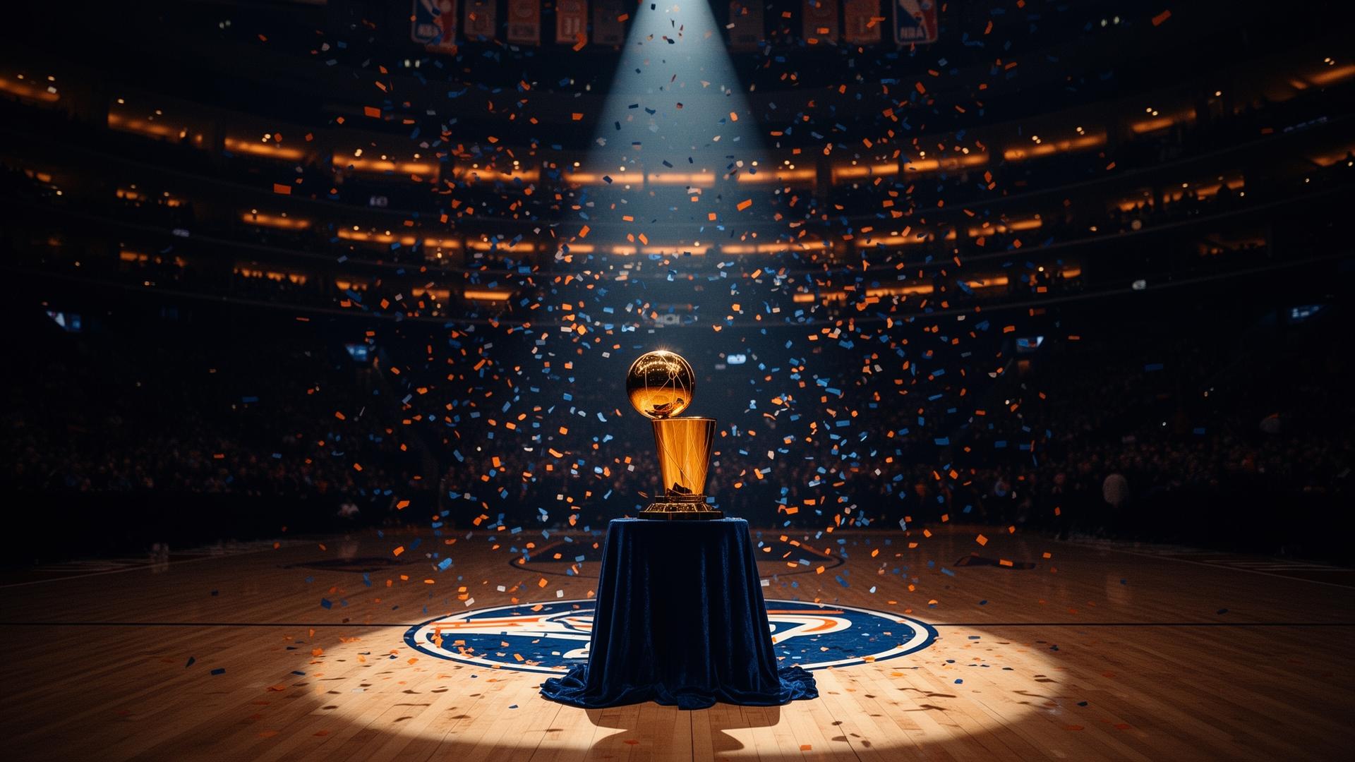 Madison Square Garden at night with the Larry O'Brien NBA championship trophy on a navy velvet podium under a single overhead spotlight and blue and orange confetti suspended in the air — the Knicks' first title since 1973.