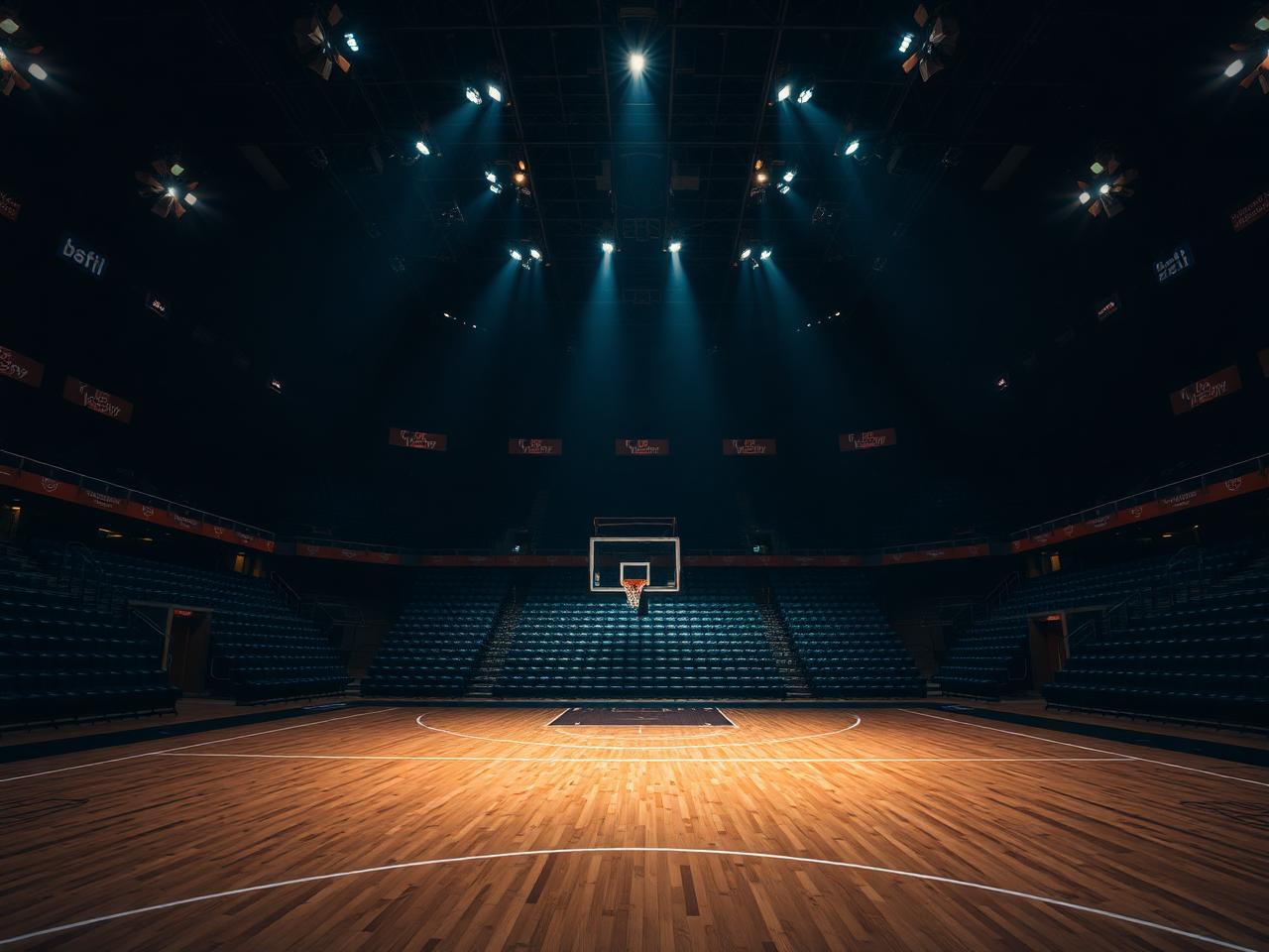 Empty professional basketball arena interior at night with dramatic spotlight on the hardwood court and navy and orange accents.