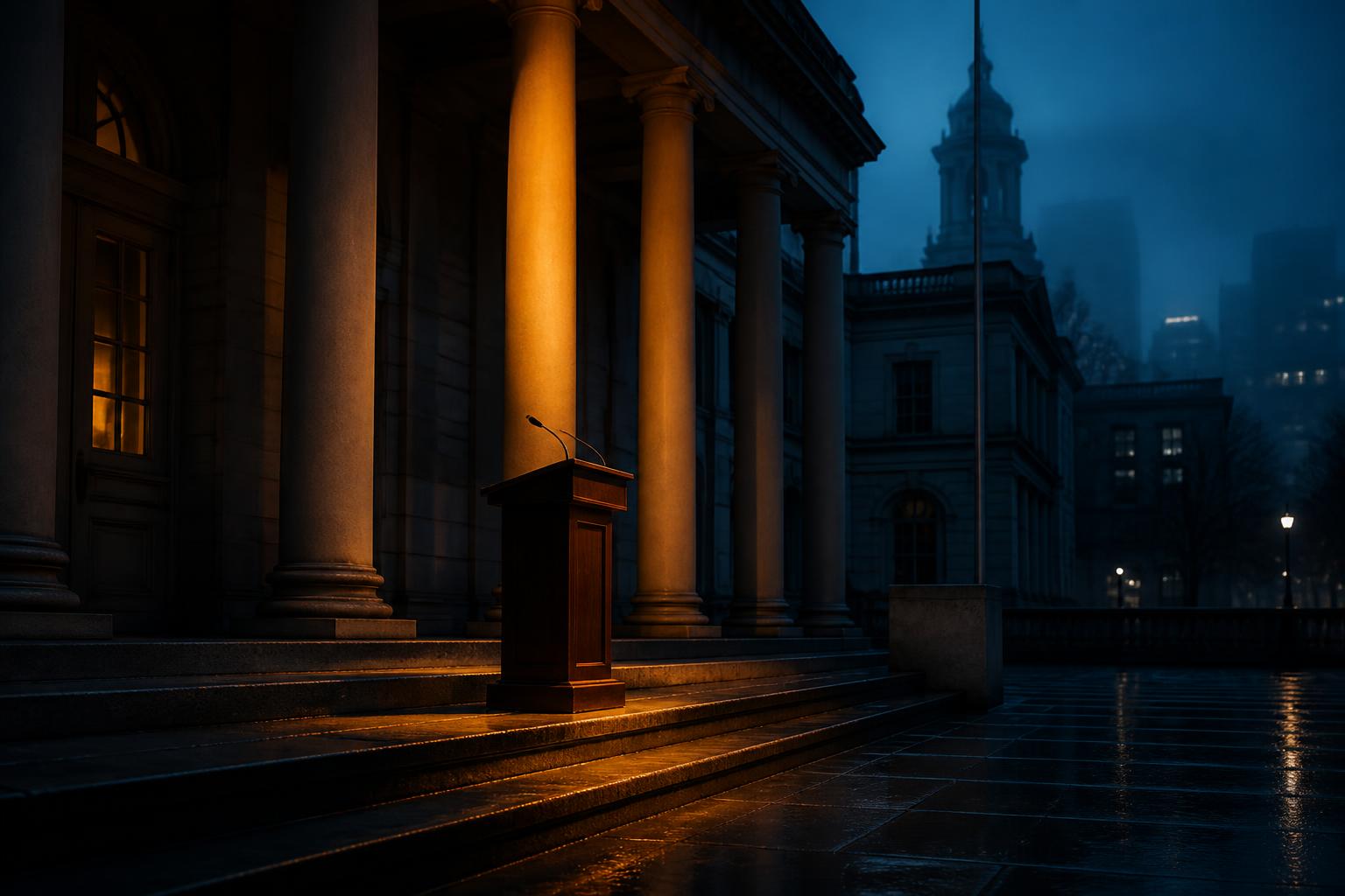 New York City Hall portico at deep dusk with a single warm spotlight on the columns and an empty wooden lectern with a thin microphone on the front steps, wet pavement reflecting amber light — the building where Mayor Mamdani's first 100 days are being judged.
