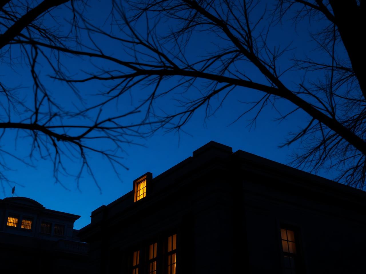 New York City Hall silhouette at deep dusk with a single warm window glowing against blue twilight sky and bare tree branches.