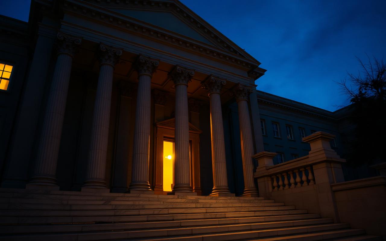 Classical government building with marble columns at dusk, single warm interior light glowing.