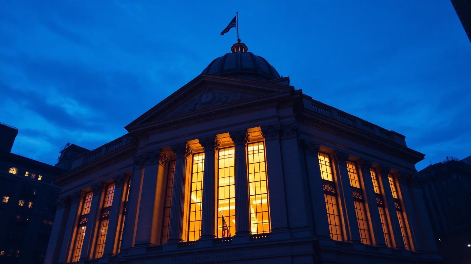 New York City Hall facade at deep dusk with warm interior light glowing through tall windows under a blue twilight sky.