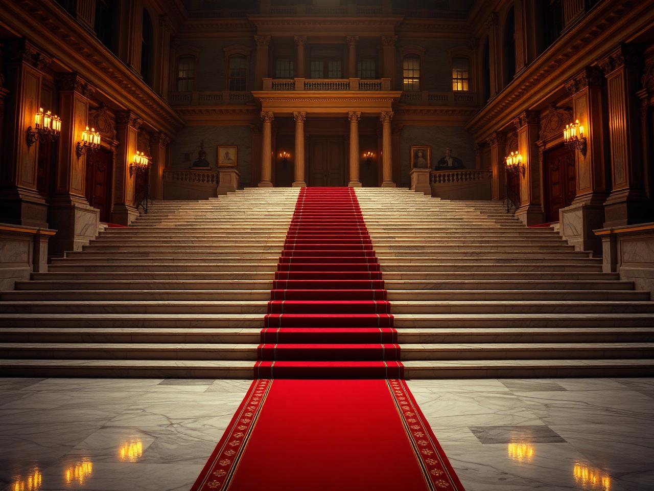 Wide marble grand staircase at night with a red carpet running down the center and golden uplighting on the stone steps.