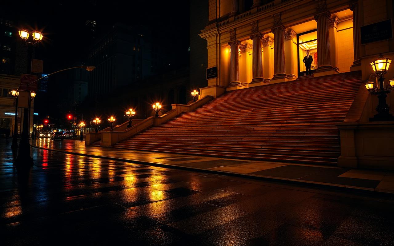 Met Museum grand staircase on Fifth Avenue at night with wet pavement reflecting amber streetlights.