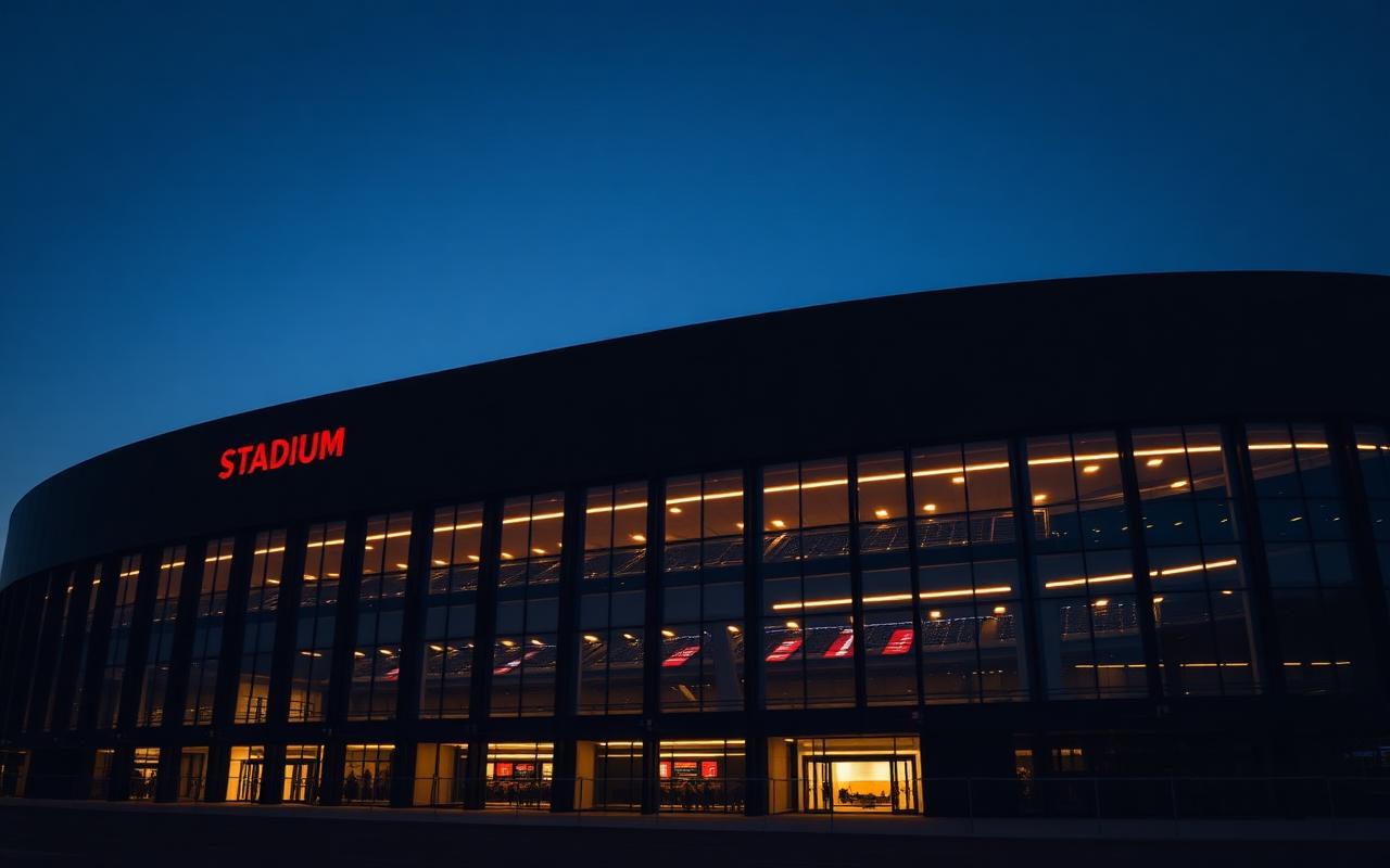 Modern stadium exterior in Queens at dusk with warm interior glow against a deep blue sky.