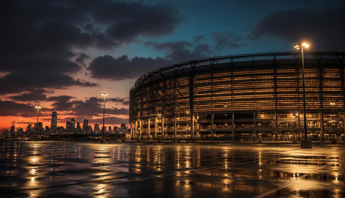 An NFL stadium exterior at deep dusk seen across an empty rain-slicked parking lot, amber floodlights glowing and the New York skyline on the horizon.