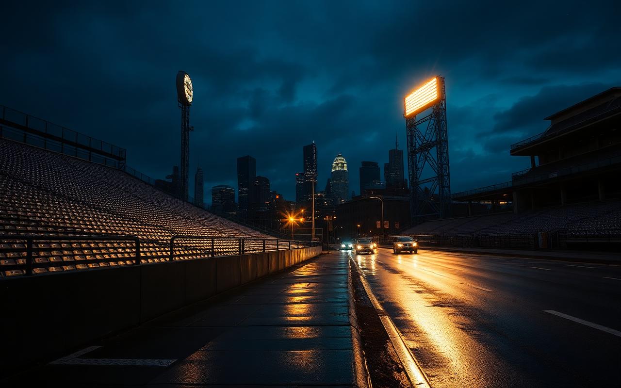 Empty baseball grandstand and floodlight towers at deep dusk beside a rain-slicked street, the Manhattan skyline glowing in the distance.