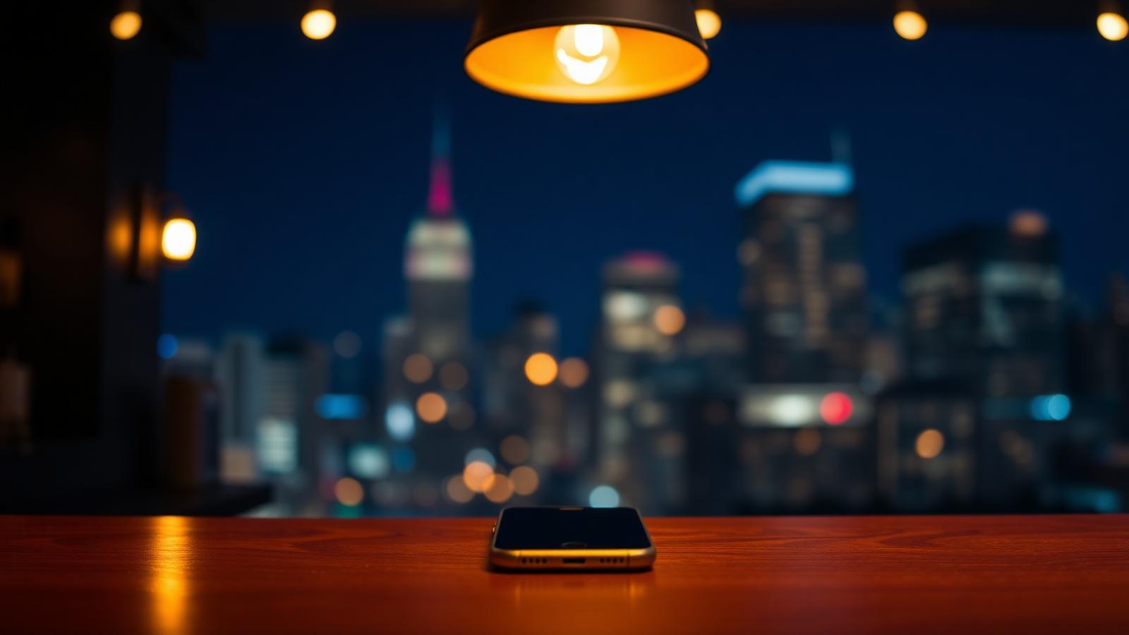 Single iPhone face-up on a dark wooden bar counter under a warm pendant light with the Manhattan skyline blurred in the deep blue background.