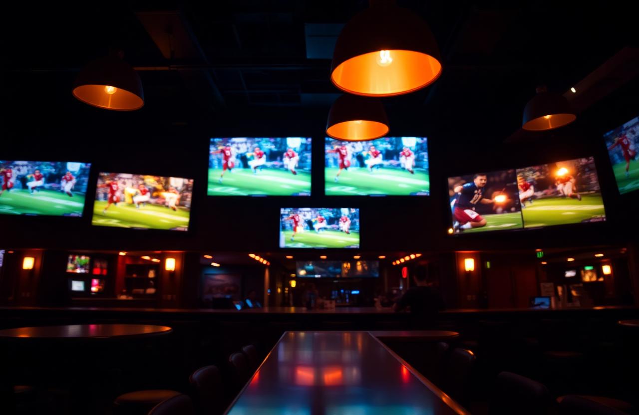 Empty Manhattan sports bar at night with TV screens glowing softly above a polished wood bar counter and warm pendant lights.