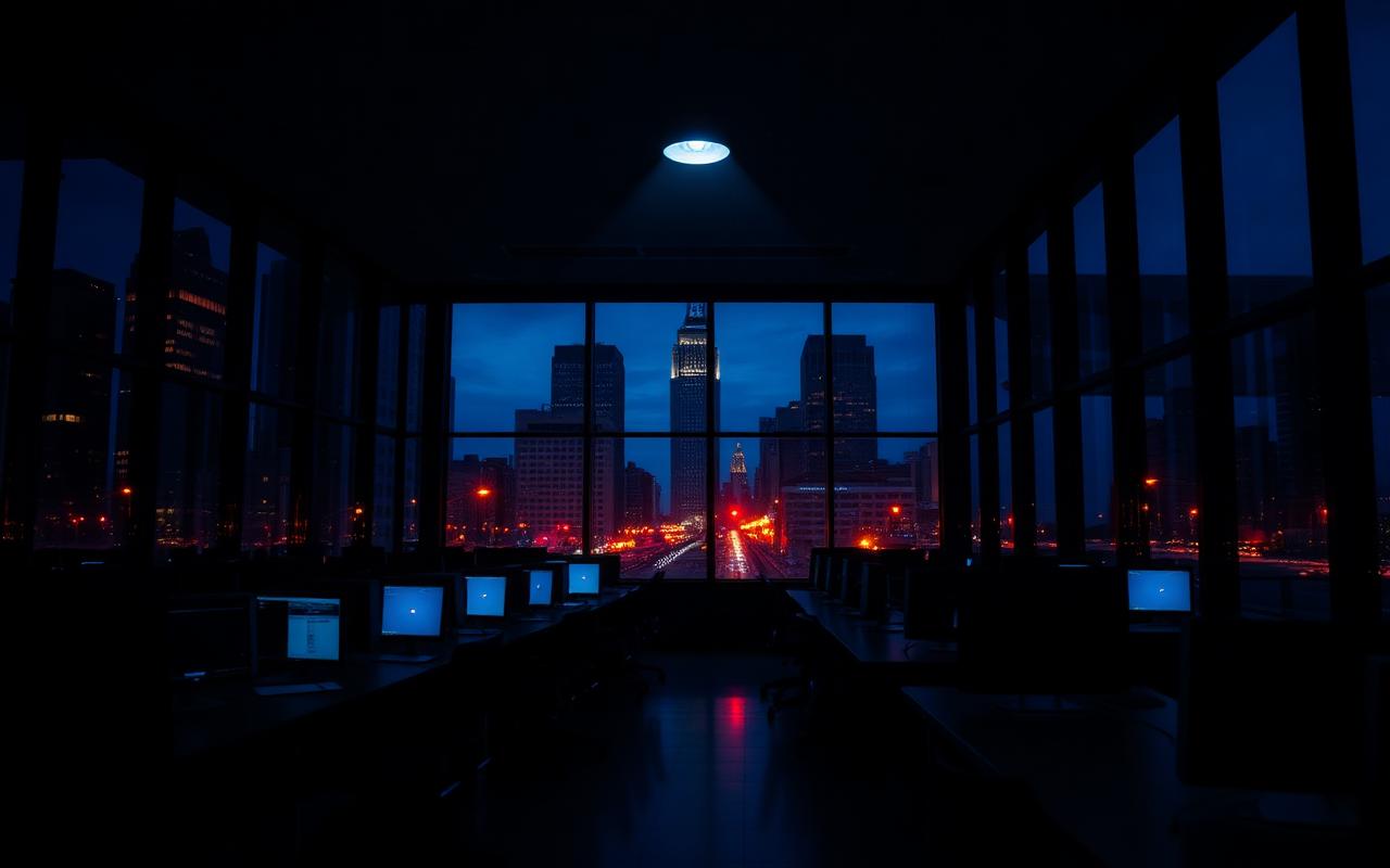 Empty Lower Manhattan trading floor at deep dusk with a single overhead spotlight on rows of dark monitors and amber city lights visible through tall windows.