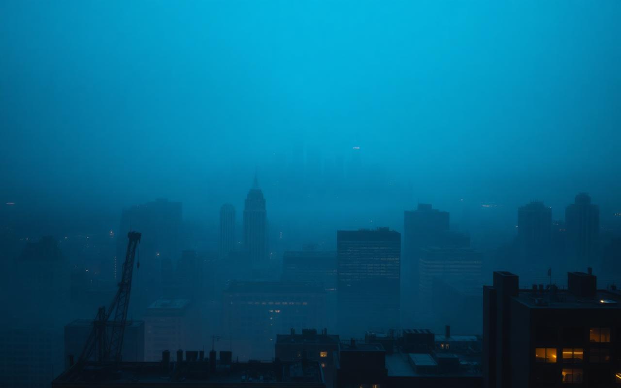 Manhattan skyline at blue hour seen from a Brooklyn rooftop, layered building silhouettes.