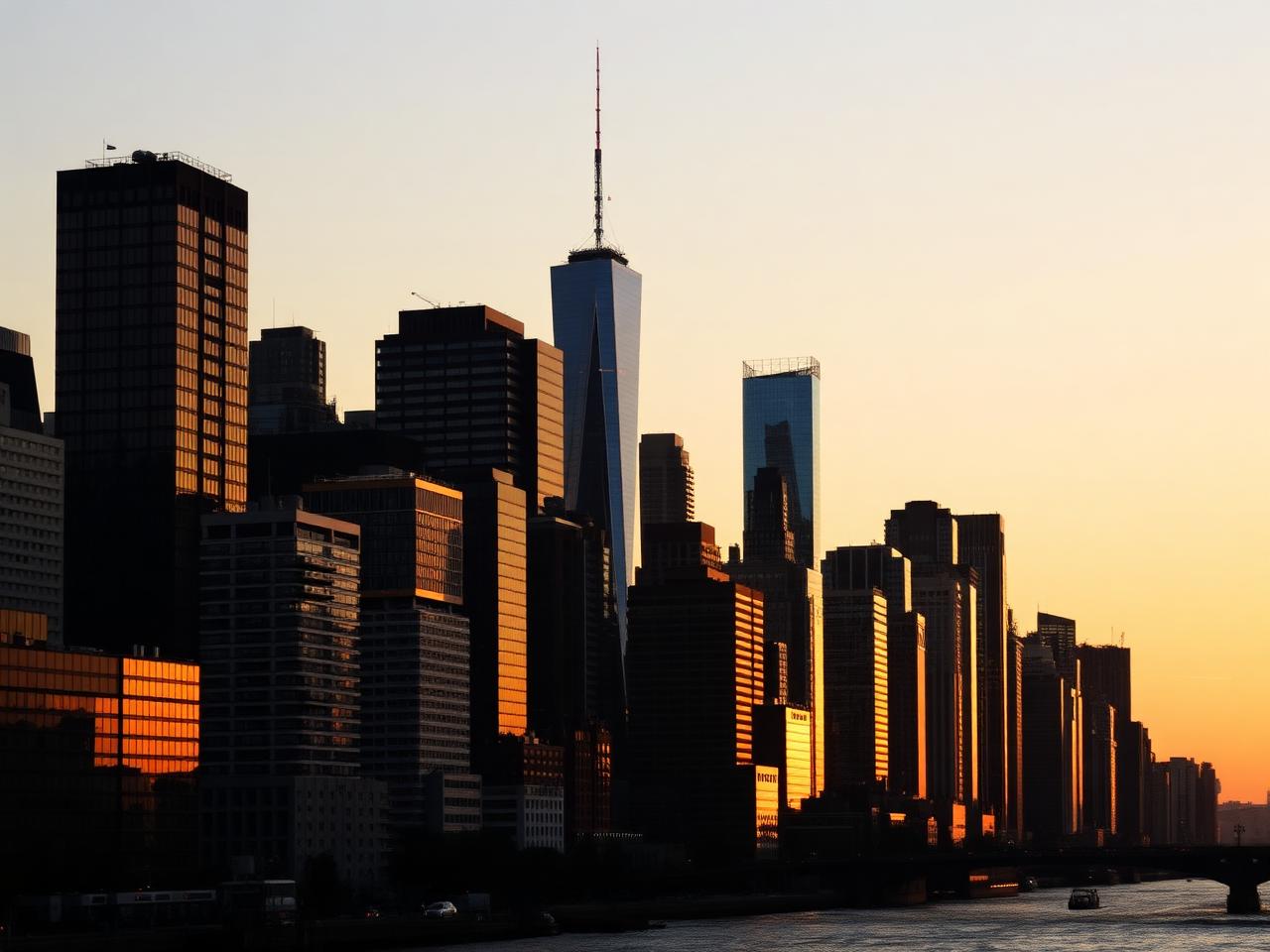 Manhattan skyline at golden hour seen from across the East River with layered building silhouettes catching warm amber light.