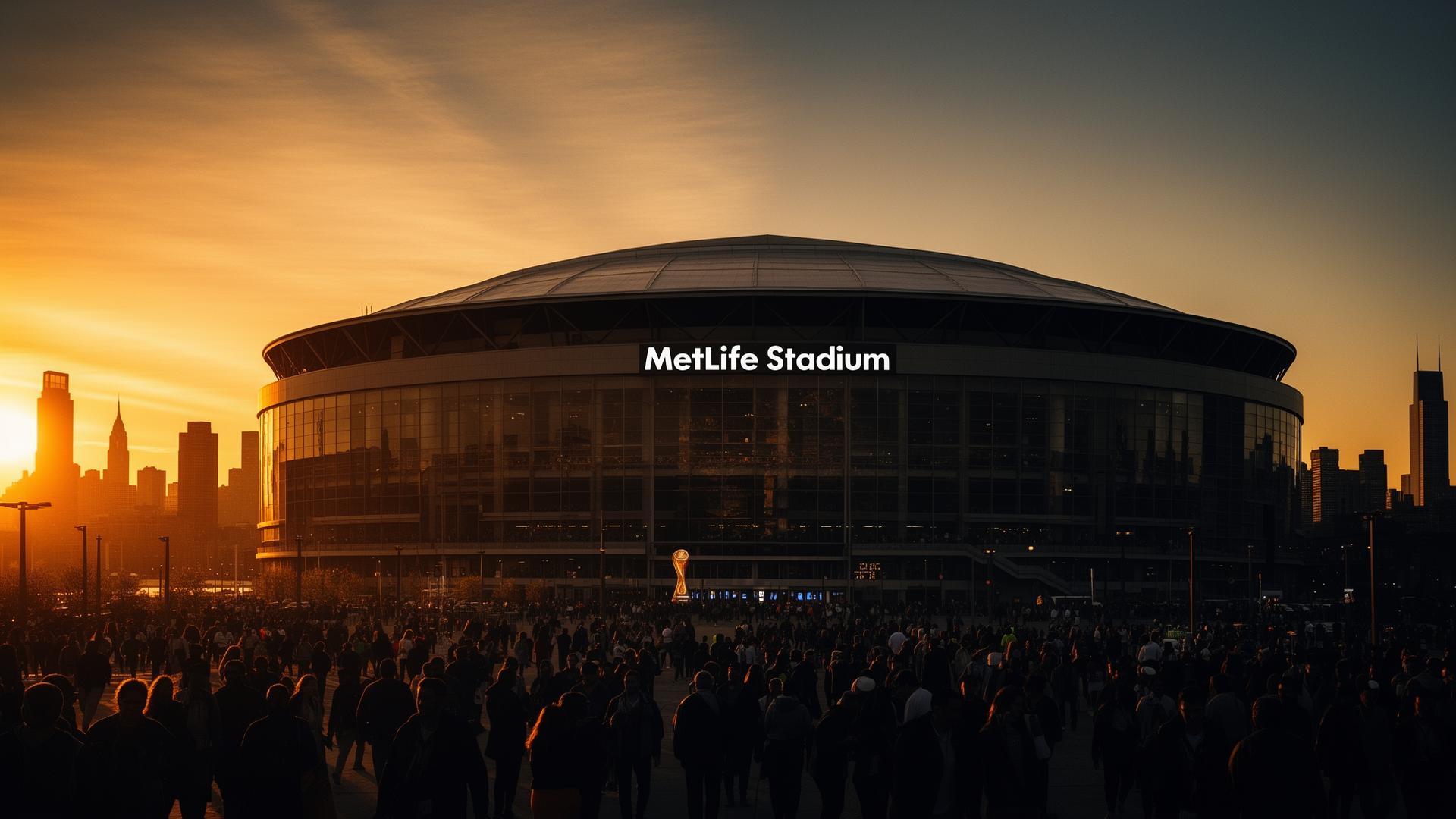 MetLife Stadium exterior at dusk in the New Jersey Meadowlands, glowing red and blue stadium lights against a deep dusk sky.