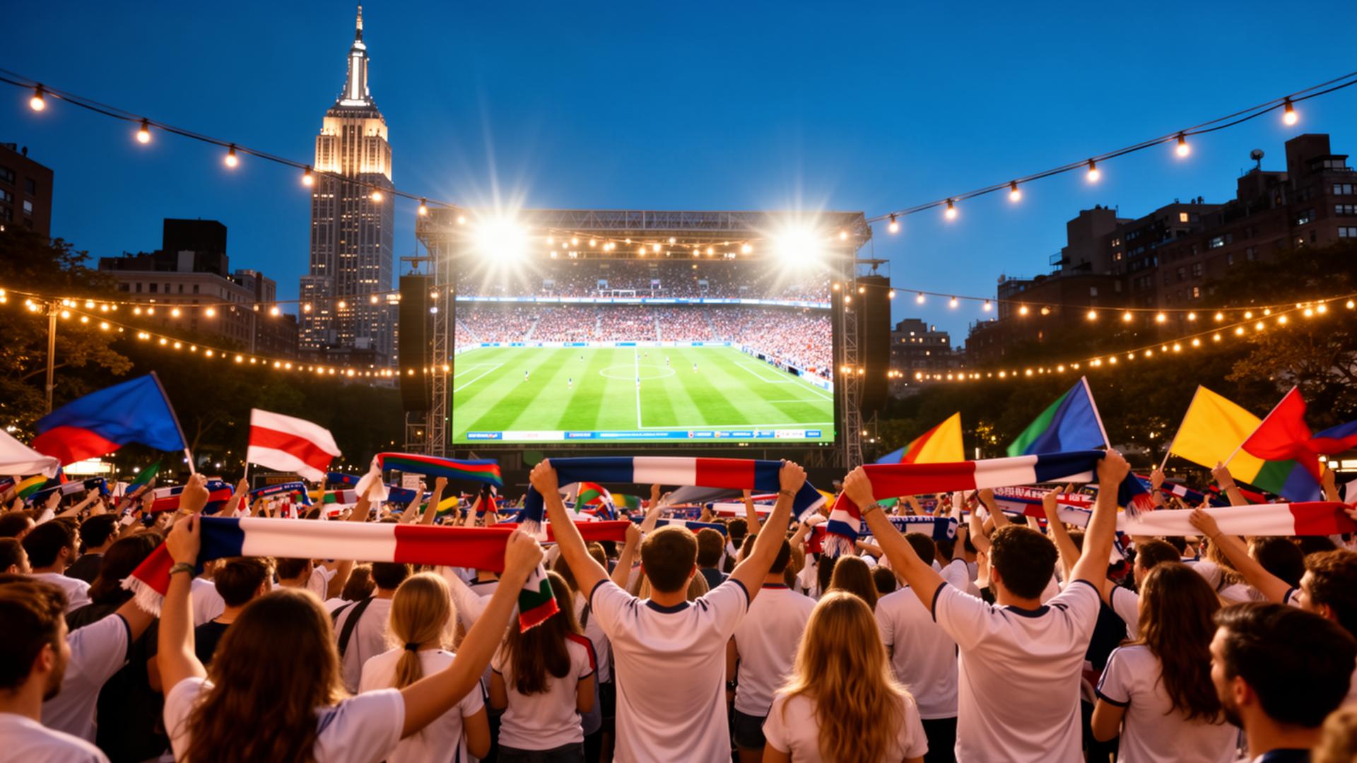Outdoor World Cup watch party at Brooklyn Bridge Park at dusk with the Manhattan skyline behind, a large LED screen showing a soccer match, and fans waving flags from many nations under string lights.
