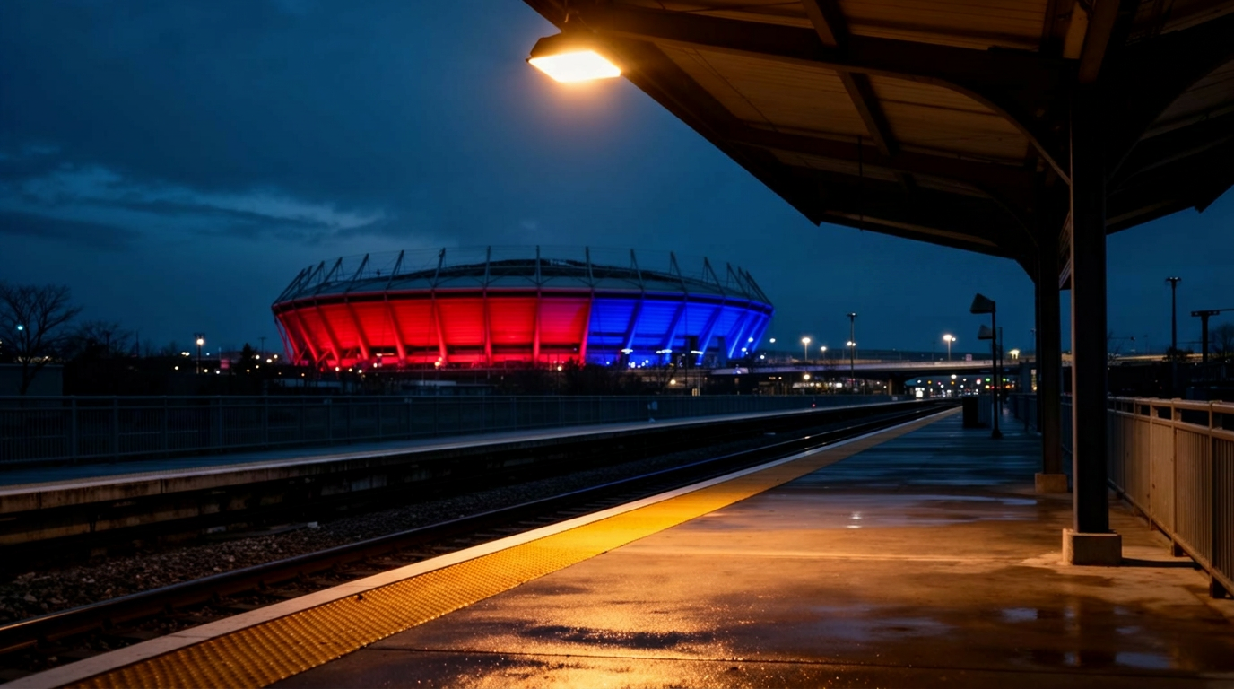 Empty NJ Transit Meadowlands rail platform at deep dusk with MetLife Stadium glowing red and blue in the distance under a single overhead lamp.