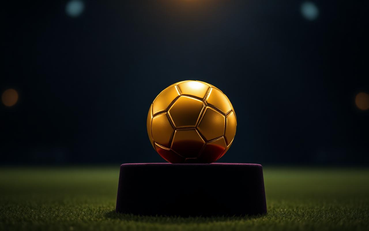 Golden World Cup trophy lit by a single dramatic spotlight on a velvet pedestal at the center of a darkened stadium pitch — hub image for 2026 World Cup prediction-market coverage.