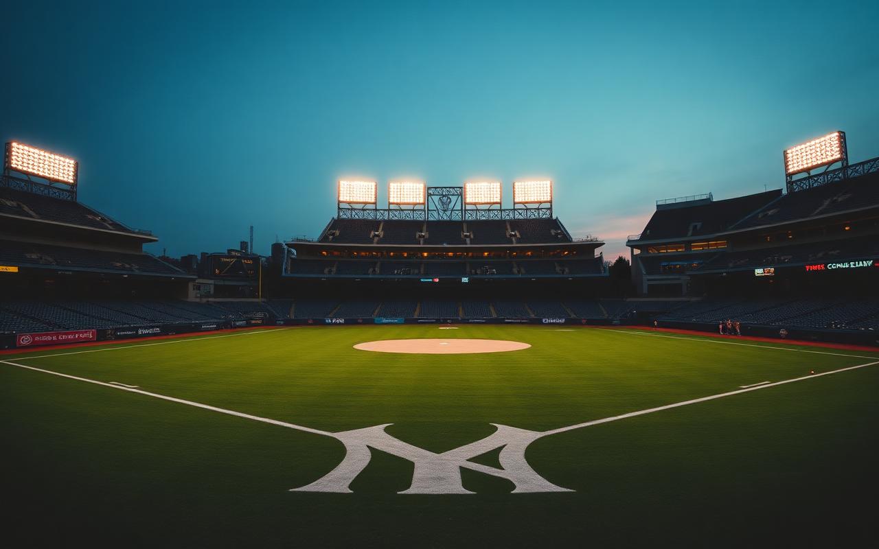 Empty Yankee Stadium baseball field at twilight with stadium lights coming on.