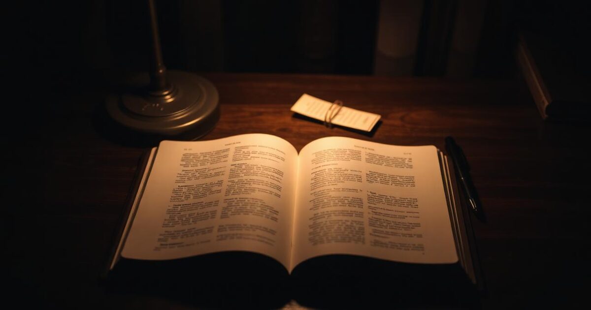 An open notebook on a dark wood desk under a single warm lamp — a quiet study atmosphere.
