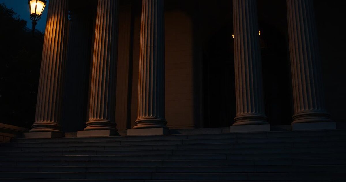 Classical New York courthouse columns at dusk with warm lamp light spilling onto stone.