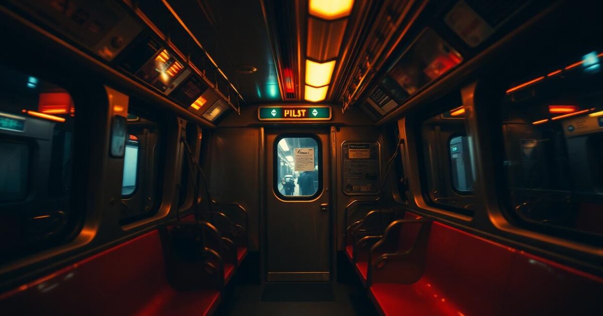 An empty New York City subway car at night with warm overhead lights and motion-blurred reflections.