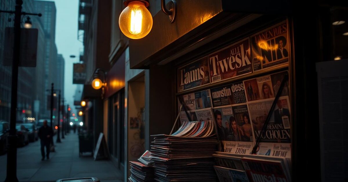 A downtown Manhattan corner newsstand at dawn under a single warm bulb.