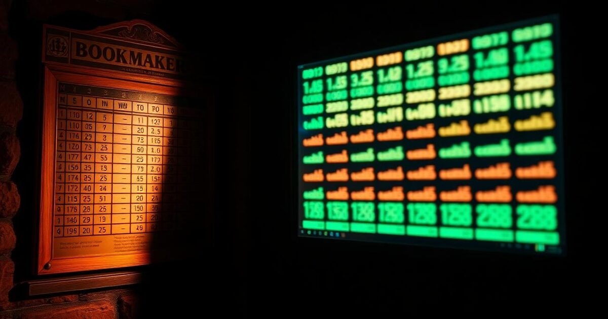 A vintage bookmaker board on a dark wall beside a glowing modern data terminal — old odds versus new.