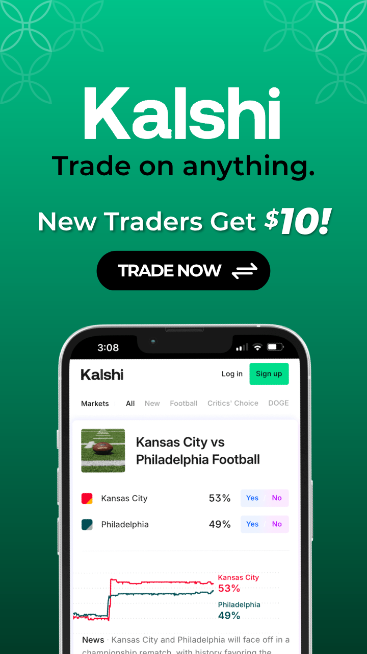 Kalshi mobile app showing Kansas City vs Philadelphia football market with 53% / 49% prices and a Trade Now offer