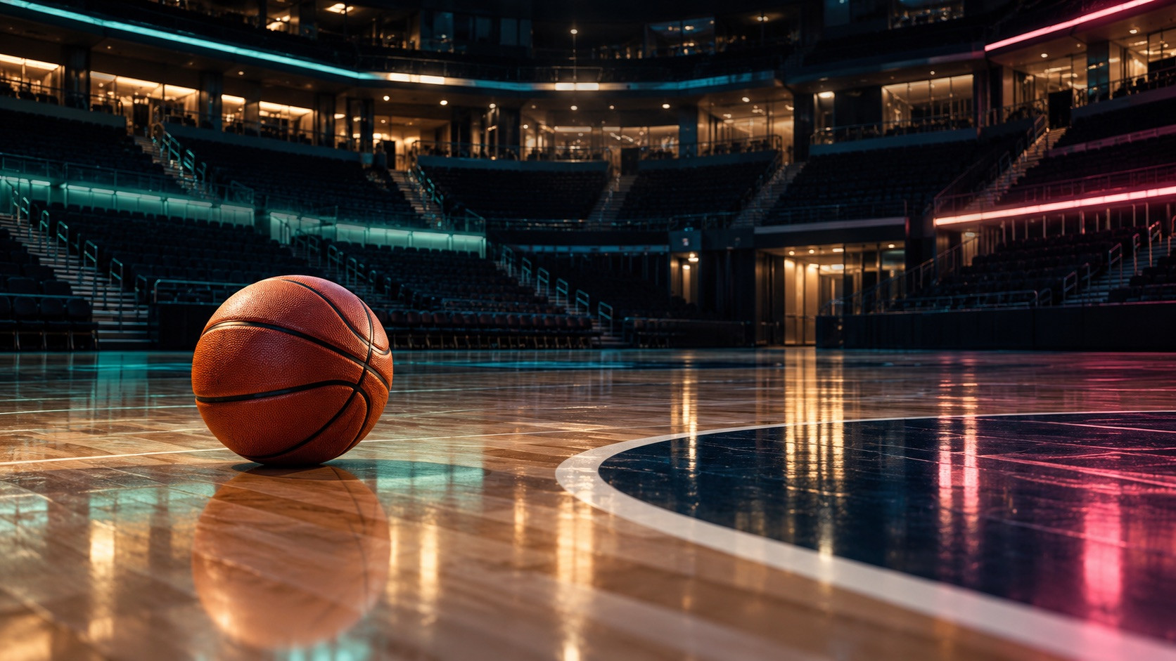 An unbranded basketball resting on a polished court inside an empty arena with seafoam and pink lighting.