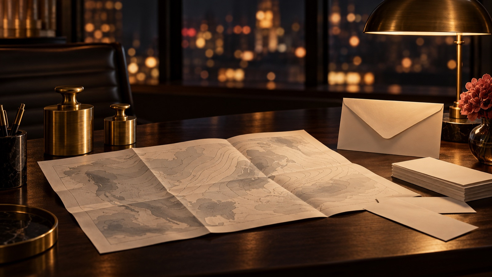 Editorial still life of a folded weather map, envelopes and brass balance weights on a dark desk at night.