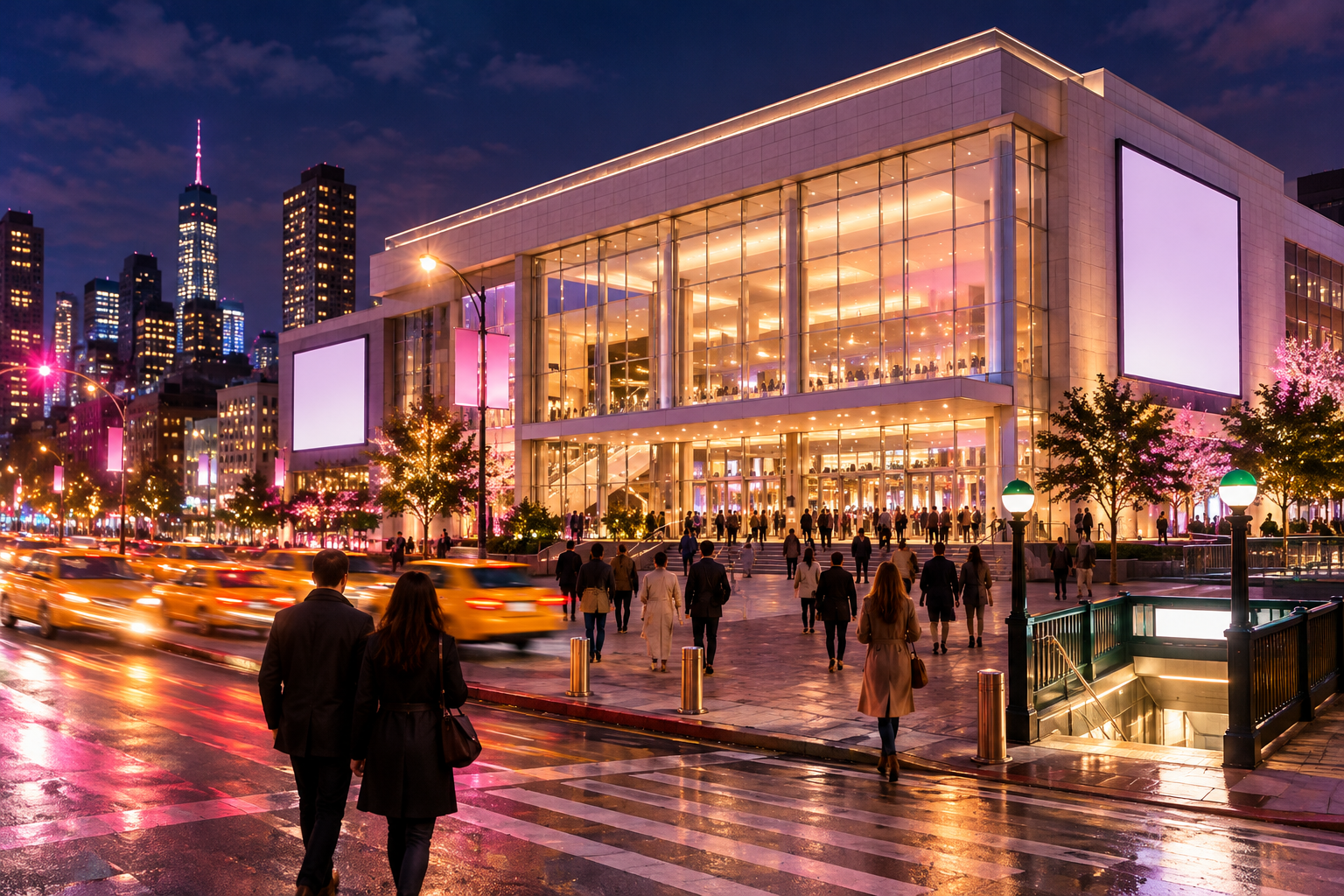 People walk toward a brightly lit modern arena on a Brooklyn street at night, with taxi light trails and a subway entrance.