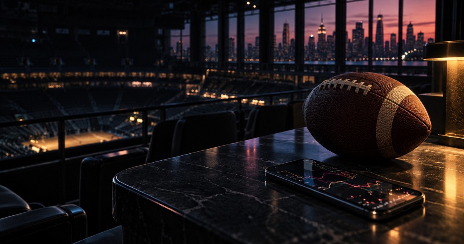 A football and smartphone sit on a dark table overlooking a New York arena at dusk.