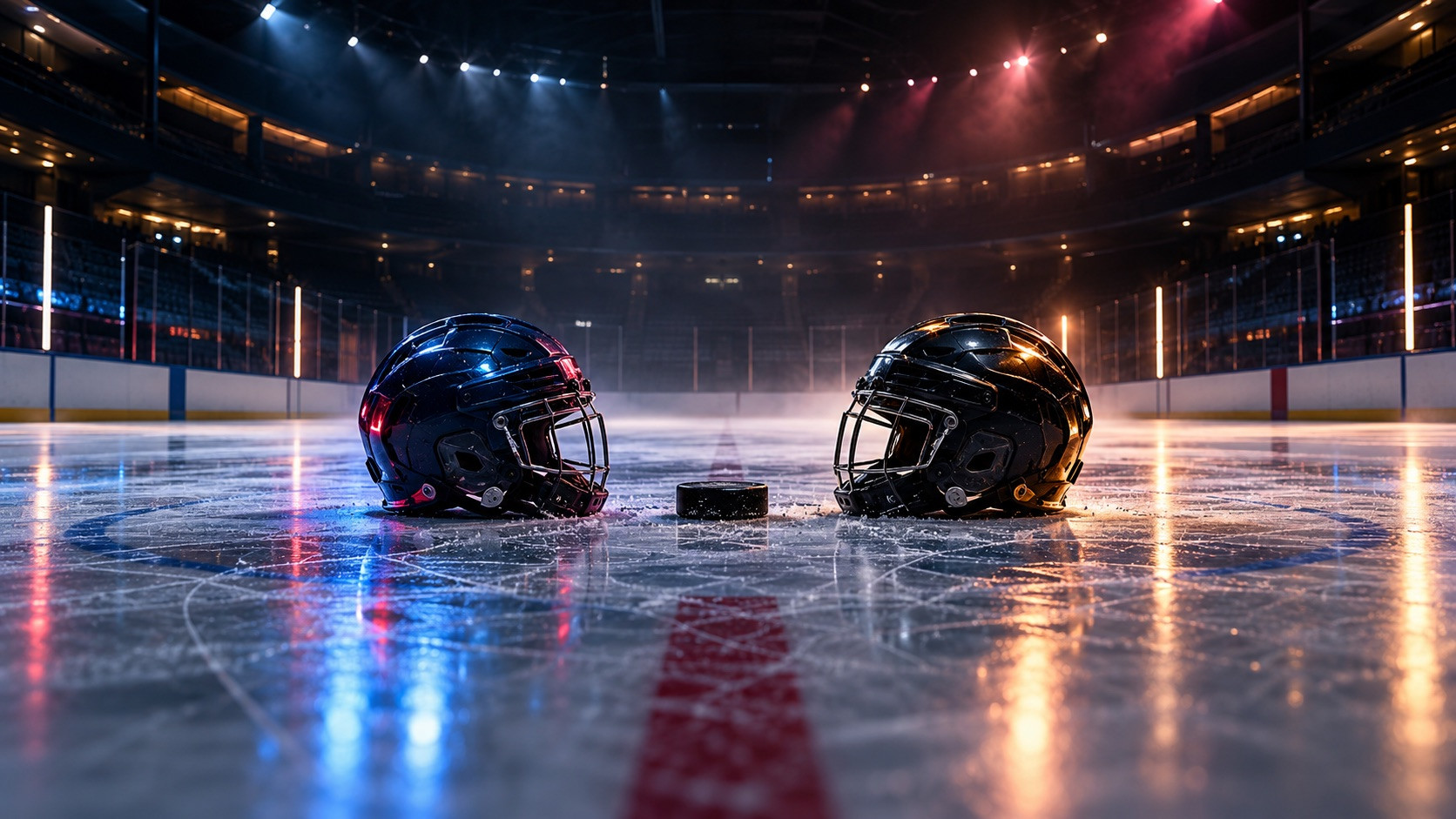 Two unbranded hockey helmets facing each other on an empty ice rink with a puck between them.