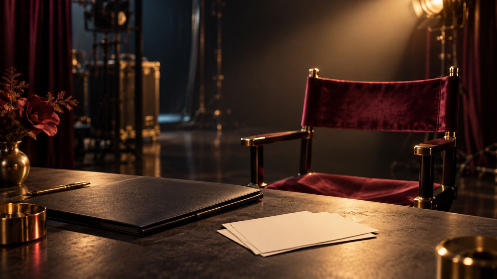 Empty velvet audition chair beside blank casting cards under a warm theater spotlight.